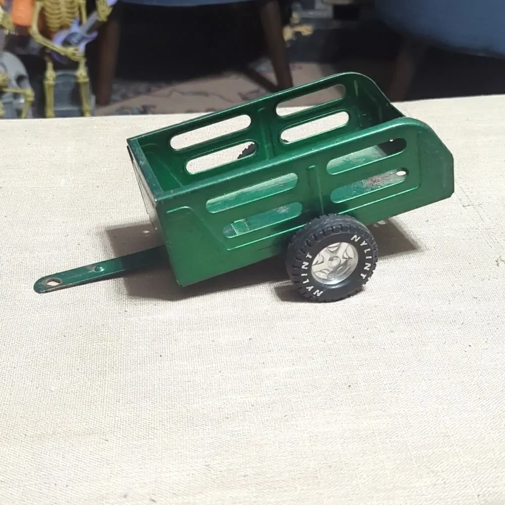 2- Vintage Metal Nylint Toy Wagon Trailer Metallic Green 6” x 3” w/ 2.75” Tongue